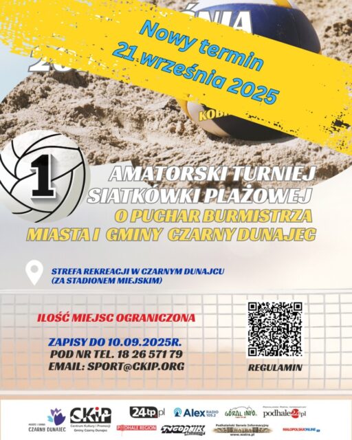 Informujemy o nowym terminie turnieju ❗

Zapraszamy w najbliższą niedzielę tj. 21.09.2025r. startujemy o 9:00 🏐

#turniej #siatkówkaplażowa #czarnydunajec