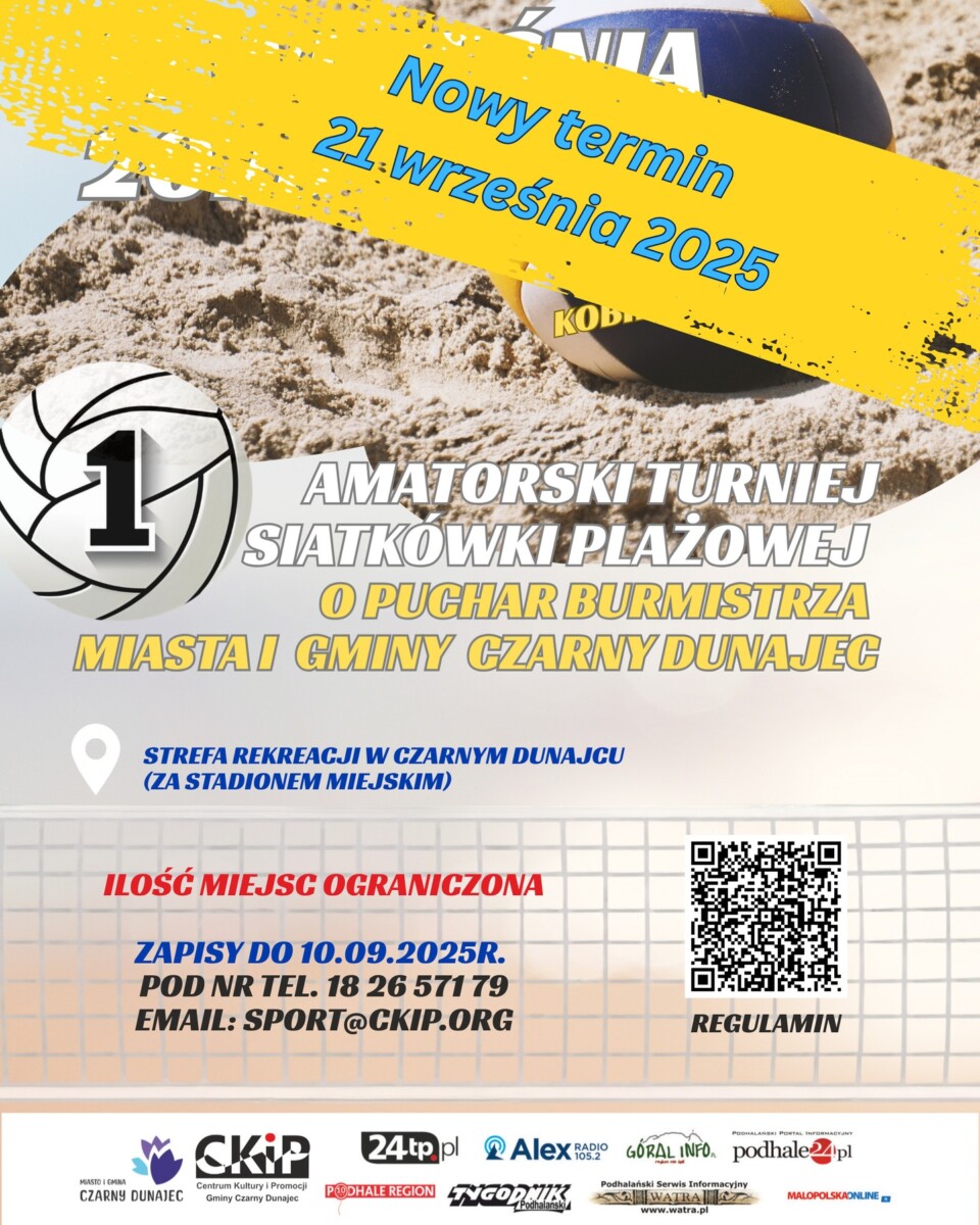 Informujemy o nowym terminie turnieju ❗

Zapraszamy w najbliższą niedzielę tj. 21.09.2025r. startujemy o 9:00 🏐

#turniej #siatkówkaplażowa #czarnydunajec